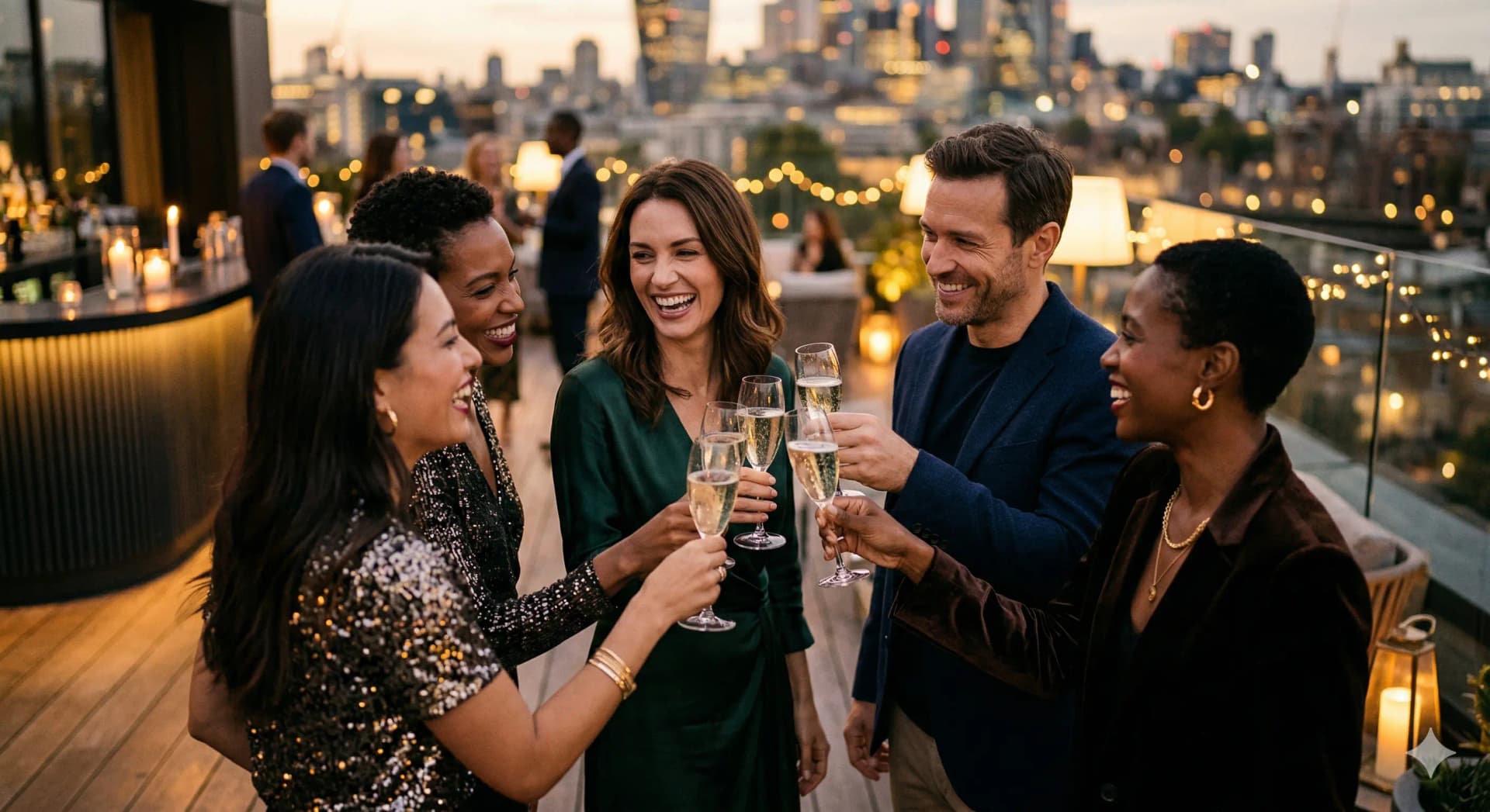 Vrienden proosten met champagne op een sfeervolle avond